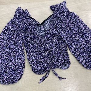 Zara Women's Size Small Purple Floral Ruffled Balloon Drawstring Crop Blouse Top